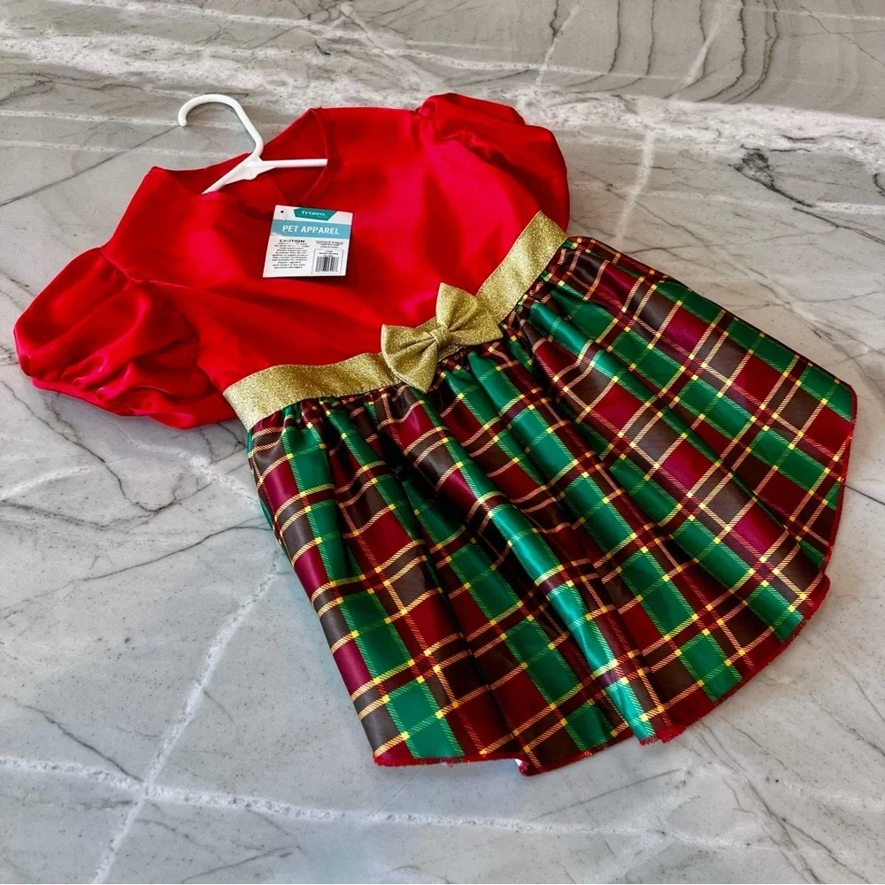 FRISCO Christmas Dog Dress XL Red Green Plaid Gold Bow Holiday NWT 25 - 45 lbs